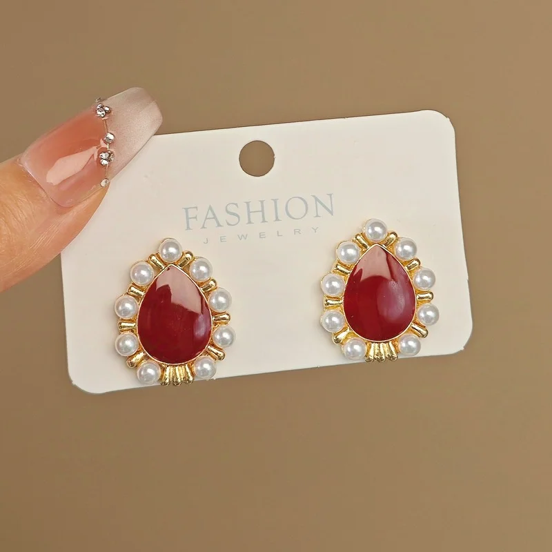 Adolph Trending Imitation Pearl Red Drop Earring Fashion Party Elegant Texture Cheap Earrings Female Jewelry For Woman 2024 New