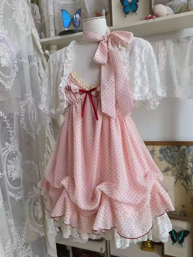 Japanese Fashion Sweet Cute 2 Piece Set Women Mini Lace Tops + Polka Dot Dress New Fit Chic Kawaii Fluffy Retro Suit Summer 2026 view 3