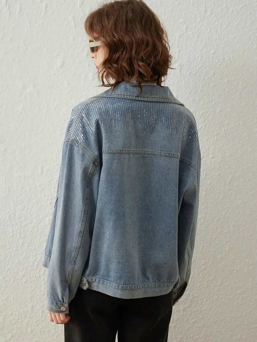 LOUIS YAO Women Denim Coat 2024 Fashionable Sequin Denim Jacket Turn Down Collar Long Sleeve Loose Fit Women's Top