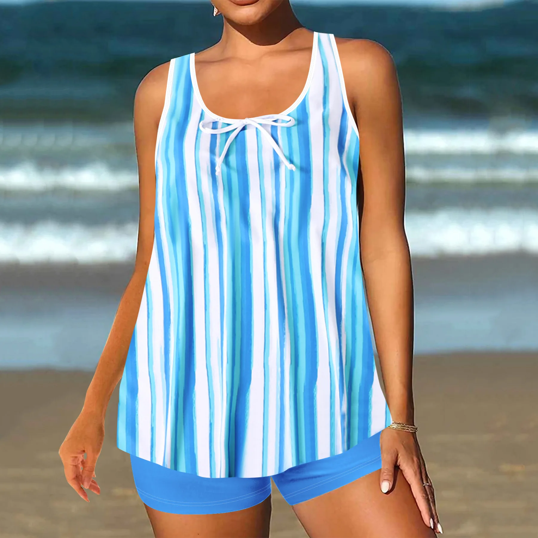 2026 New Women Tankini Swimsuit Anchor Stripe Print Scoop Neck Bow Front Flowy Top Boyshort Bottom Two Piece Beach Bathing Suit