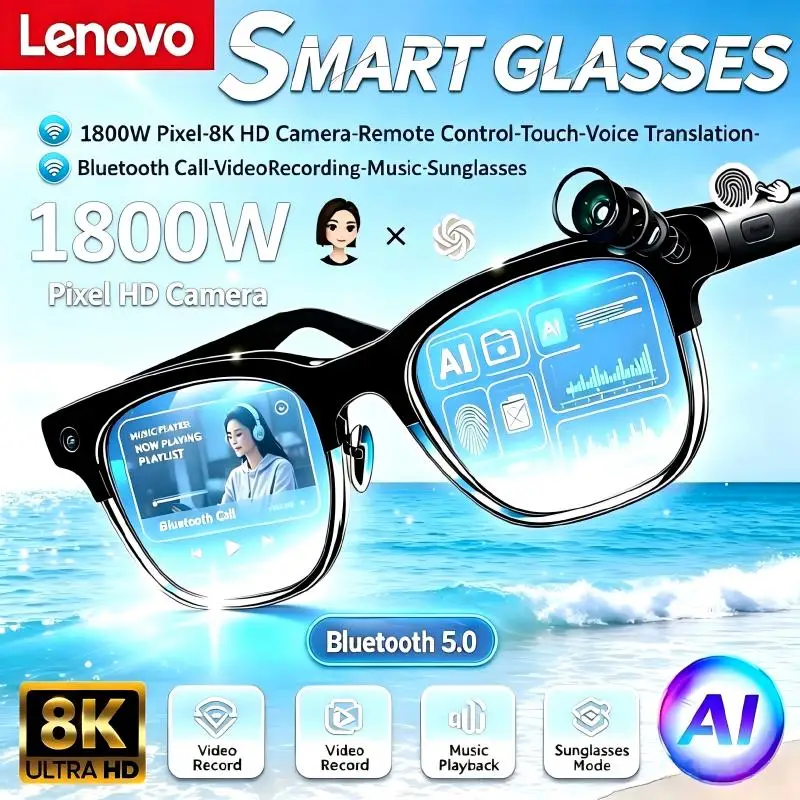 Lenovo AI Smart Glasses 1800W Pixel 8K HD Camera Remote Control Touch Voice Translation Bluetooth Call Video Music Sunglasses