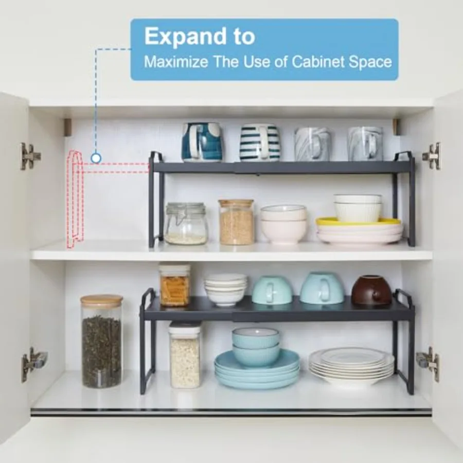 4 팩 주방 캐비닛 선반 주최자 주방 카운터 보관 선반 스파이스 랙 확장 가능한 길이 조절 가능한 높이 Stackabl