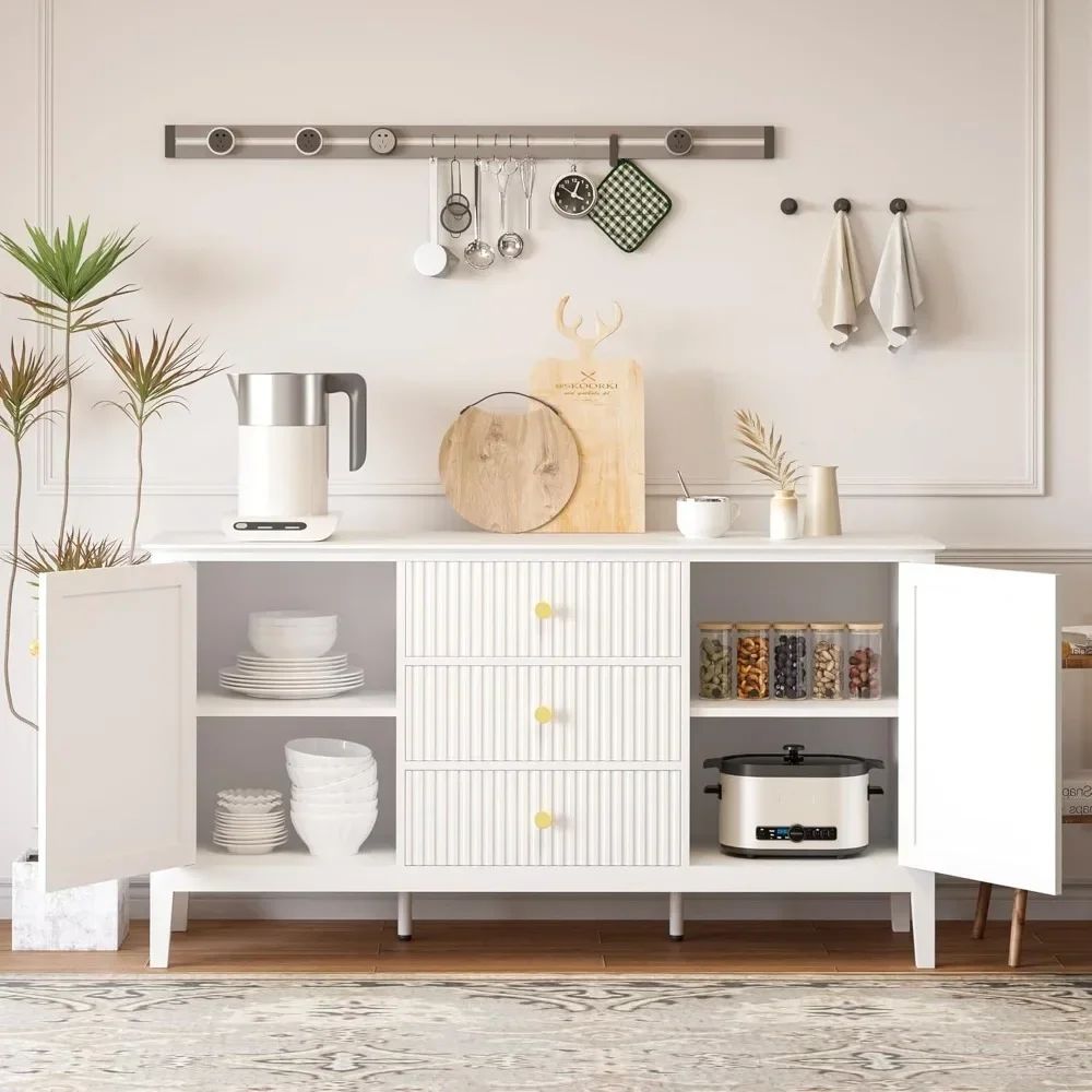 White Storage Cabinet with 3 Drawers and 2 Doors, Modern Side Panel Buffet Cabinet, Independent Kitchen Utensil Cabinet