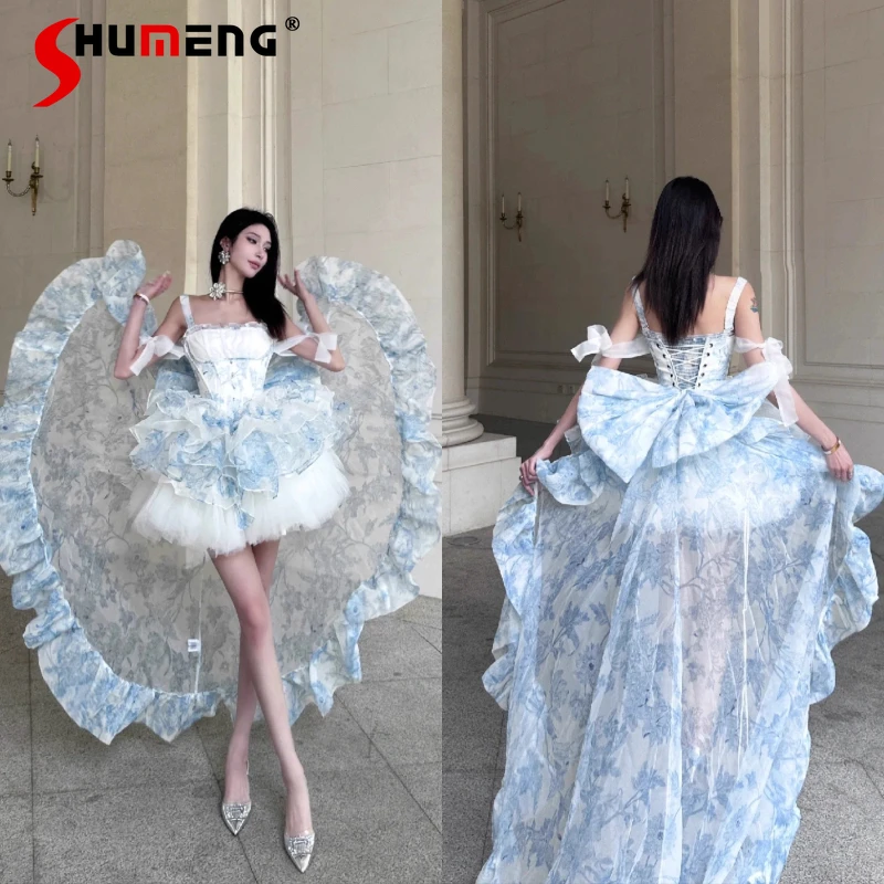 

French Elegant High-End Princess Dress 2025 New Women's Slim Fit Sweet Cute Long Bow Tail Puffy Dress French Style Fairy Dresses