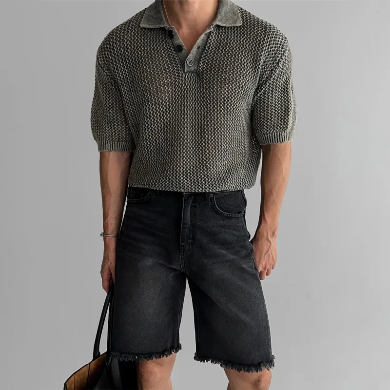 

American Washed and Worn Knitted Short Sleeved Polo Shirt T-shirt for Men Summer New Retro Men's Business Casual T-shirt Tops