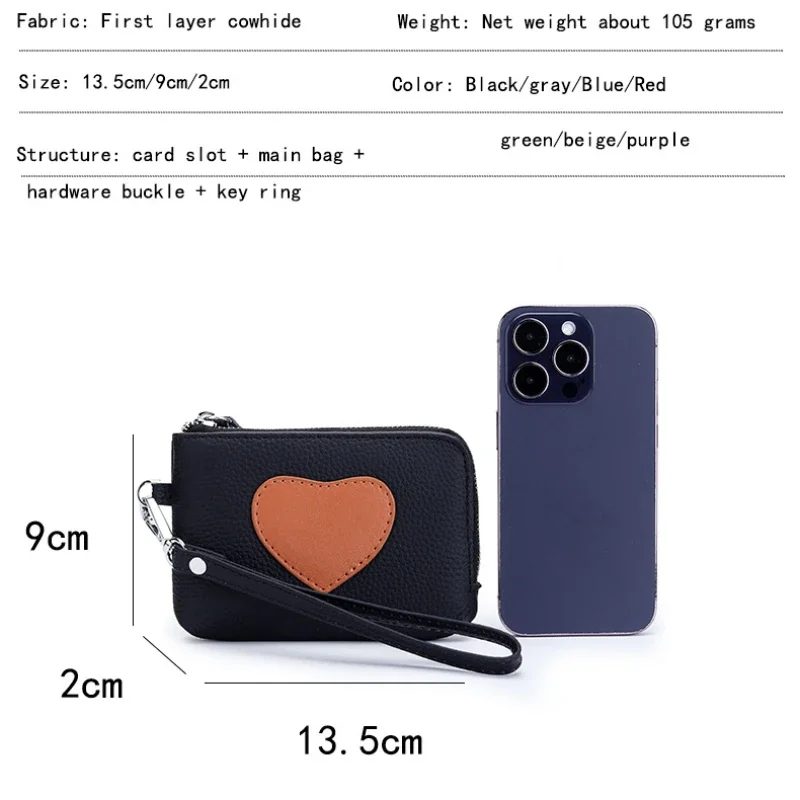 Fashion Heart Women's Wallets Genuine Leather Wrist Strap Zipper Clutch Key Ring Coin Money Bag Girls Cute Coin Purse