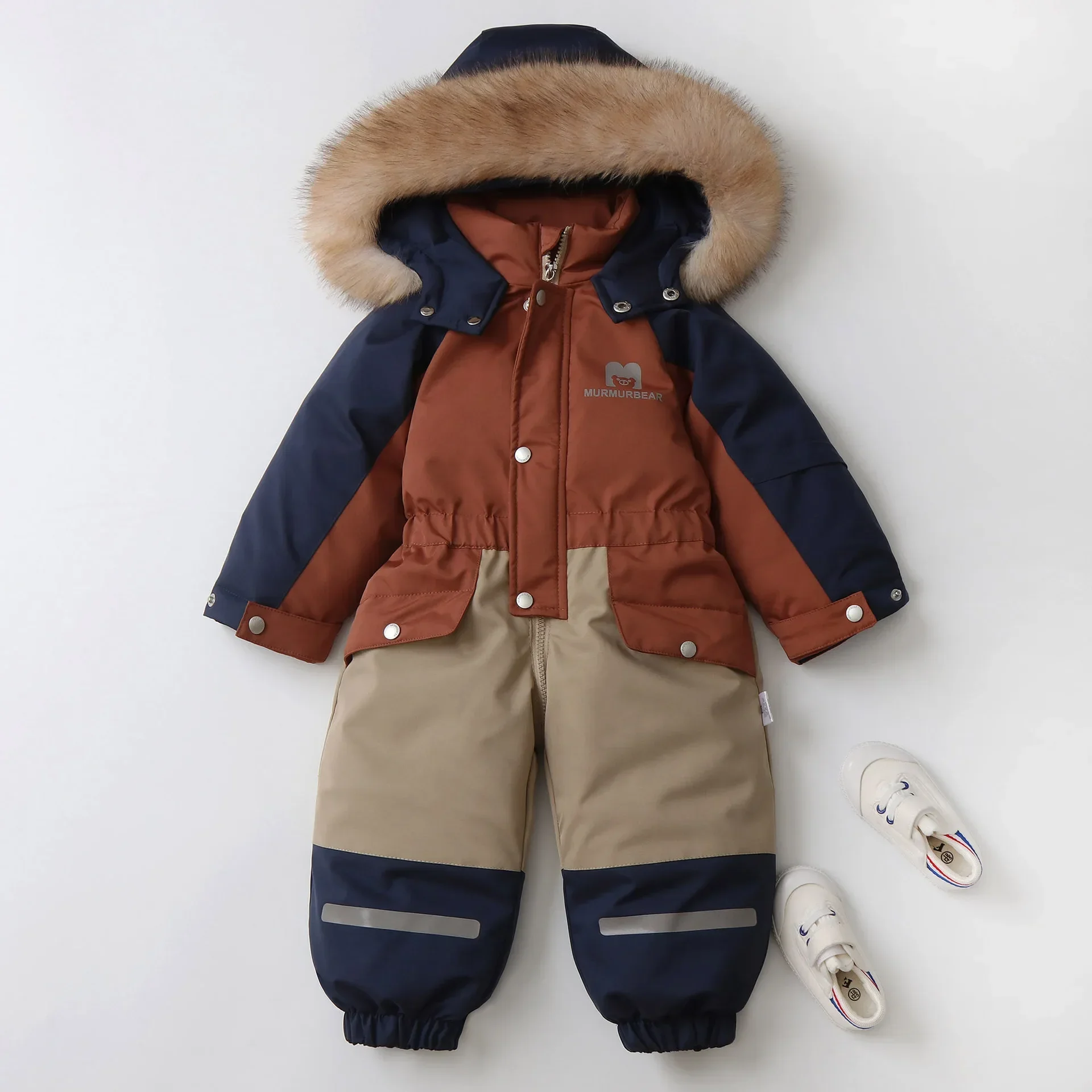 2024 Winter Childrens Coat Patchwork Snowsuit 2-5 Y Boys Fur Lining Overalls Thicken Kids Hooded Ski Suit Girls Warm Outwear