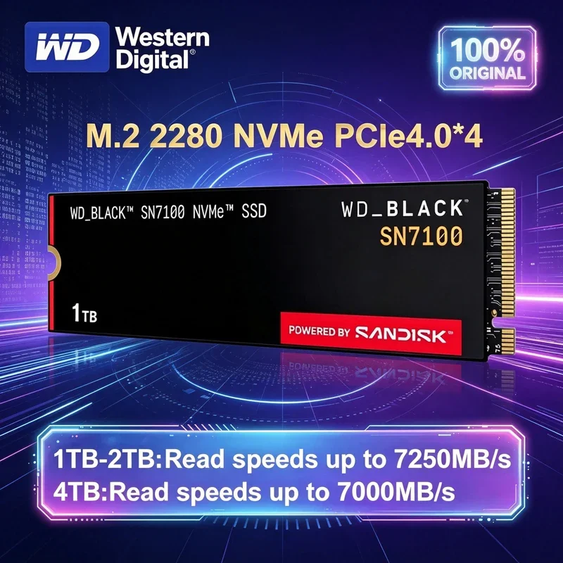 SSD Western Digital SN7100 M.2 2280 NVMe de Alta Velocidade 6900MB/s PCIe 4.0, Unidade de Estado Sólido Interna para Jogos, Compatível com PC e PS5