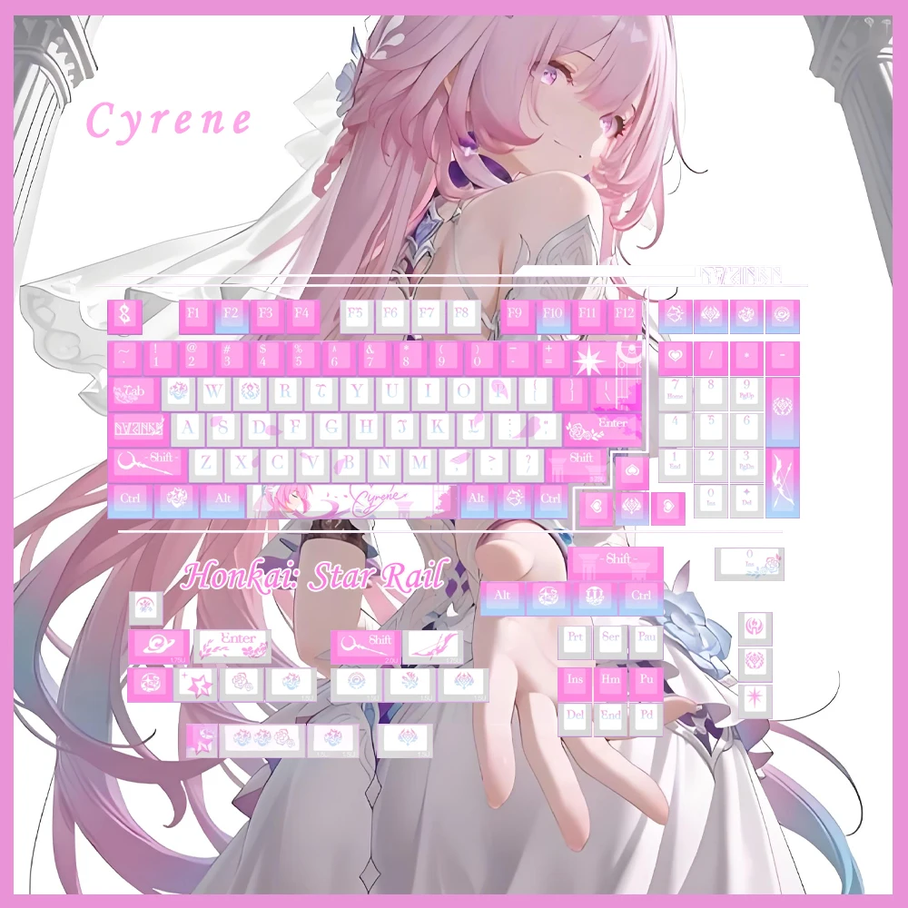 Honkai Star Rail Cyrene Theme PBT Thermal Sublimation Keycaps Cherry Profile Pink Purple Keycap Set For MX Mechanical Keyboard
