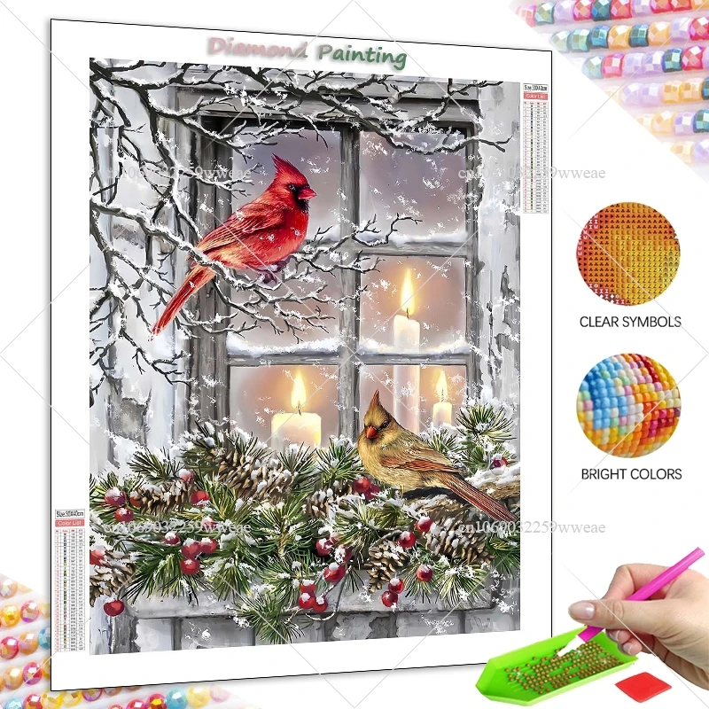 DIY Diamond Embroidery Bird Winter Full Square Mosaic Animal Snow Picture Rhinestone Painting Tree beside Window Handmade Gift