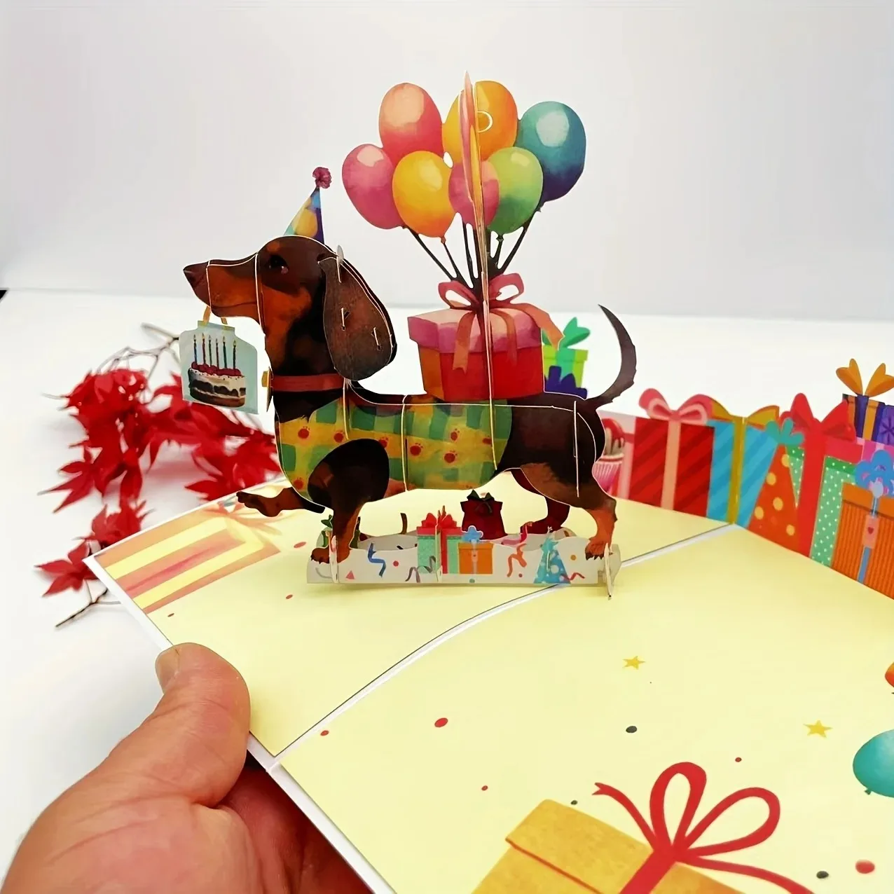 

3D Dachshund Greeting Card Cute Dachshund with Balloons and Gift Ideal Birthdays Congratulations Festivals and Graduation Season