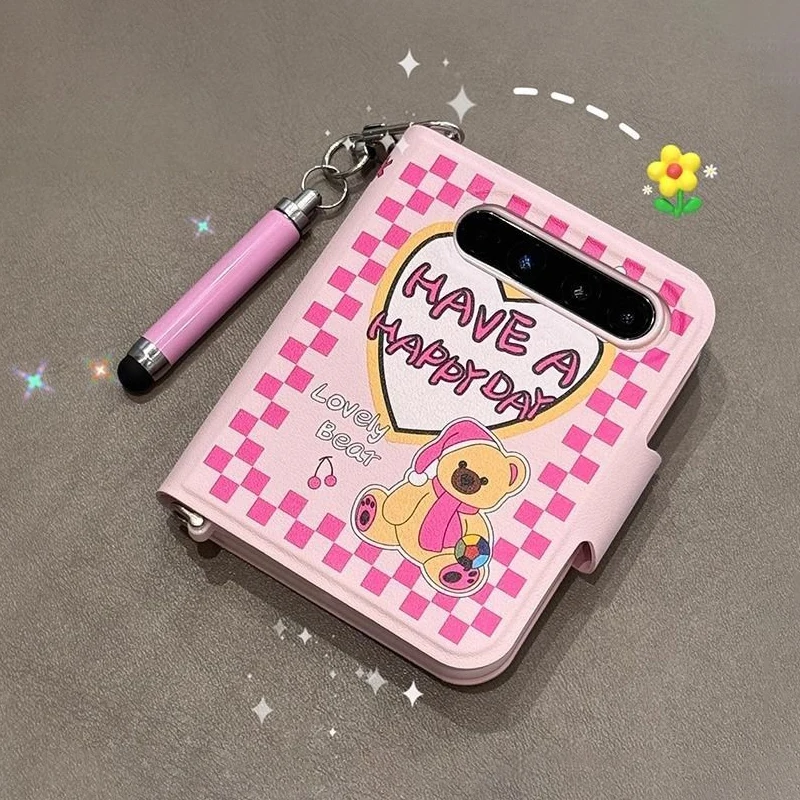 

Cute Pink Book Korean Style Phone Case for Huawei P50 Pocket/Pocket 2/Pocket S flip Leather Cover Fundas with Stylus&Lanyard
