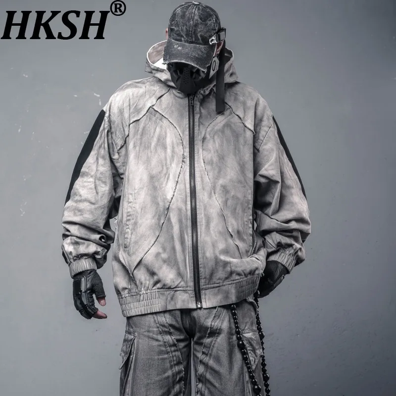 

HKSH Unique Waste Land Style Split Deconstructed Zipper Hoodie Functional Vintage Tie-dye Punk Dark Man Chic Ins Jackets HK11898