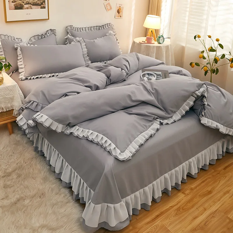 Korean version bed skirt four piece set, washed and brushed princess style lace duvet cover, non slip bed cover, simple bed