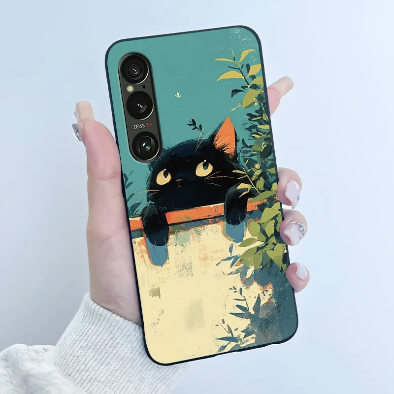 Capa fofa para Sony Xperia 1 VI / Xperia 1 VII, capa protetora com estampa de desenho animado, silicone macio, capa preta, fundas