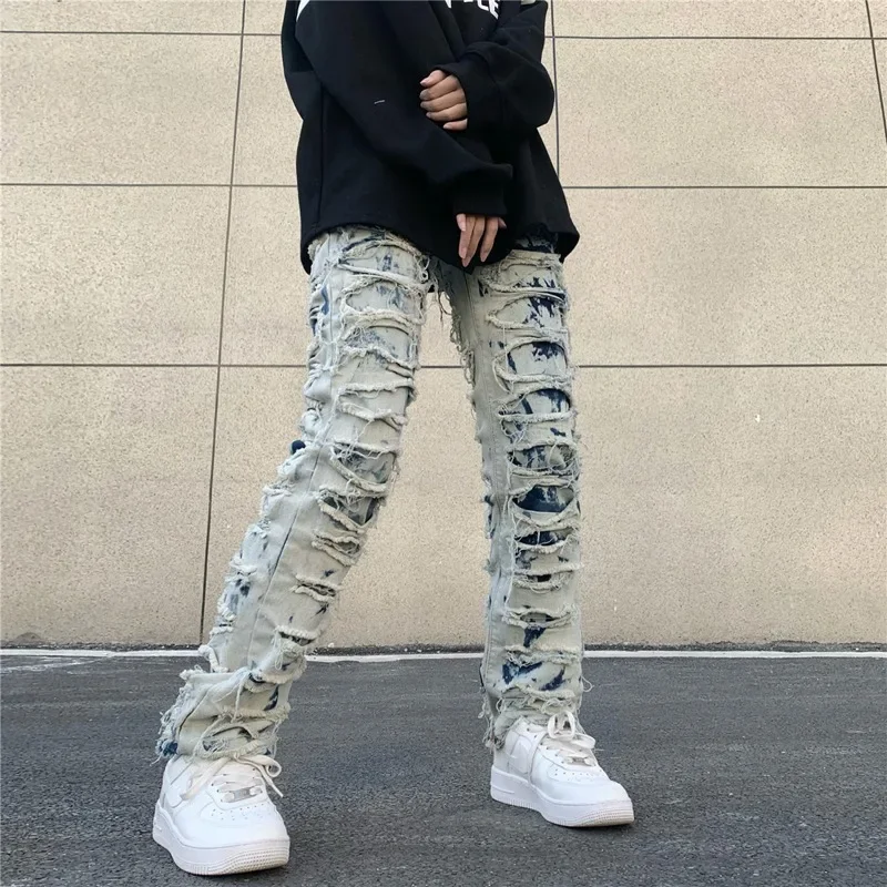 

Casual Tie Dye Jeans Men and Women Straight Pants Streetwear Ripped Hole Washed Baggy Harajuku Denim Trousers