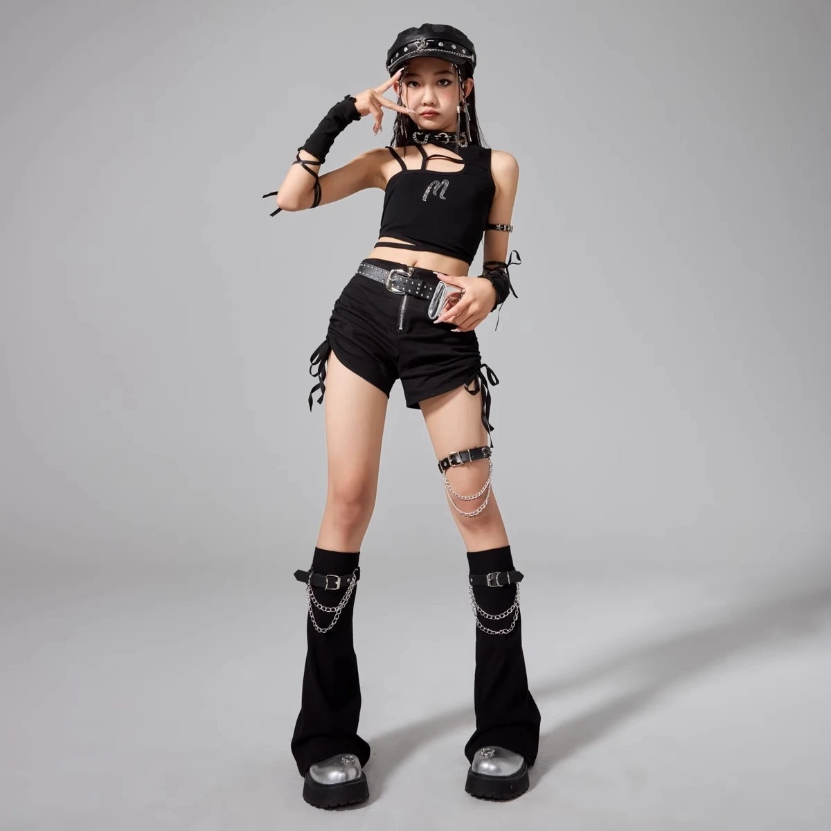 2025 sommer Kinder Jazz Dance Kostüm Mädchen Unregelmäßigen Nabel Tops Schwarze Hosen Kpop Straße Kleidung Bühne Leistung Tragen BL 16703