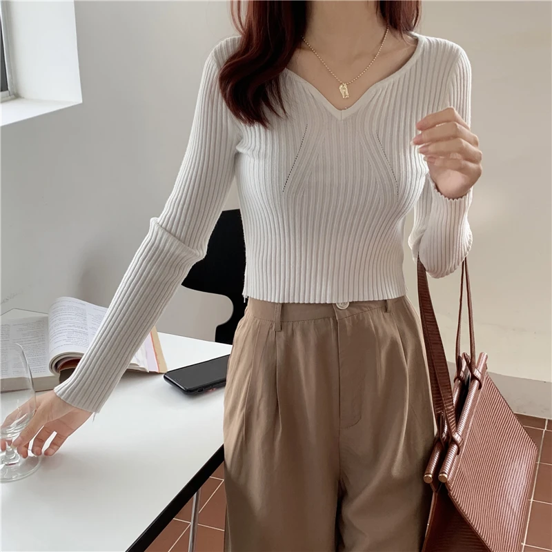 Rib Knit Sweater for Women Pullovers Fitted Sweetheart Neckline Long Sleeve Plain Jumper Teen-girl Fall Winter Basic Outfit