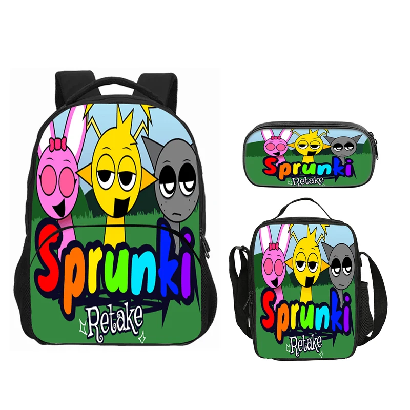 3pcs Set Backpack Cartoon Sprunki School Bag for Boy Girl with Lunch Bag Pencil Box Anime Backpack for Child Rucksack 1-3pcs Set