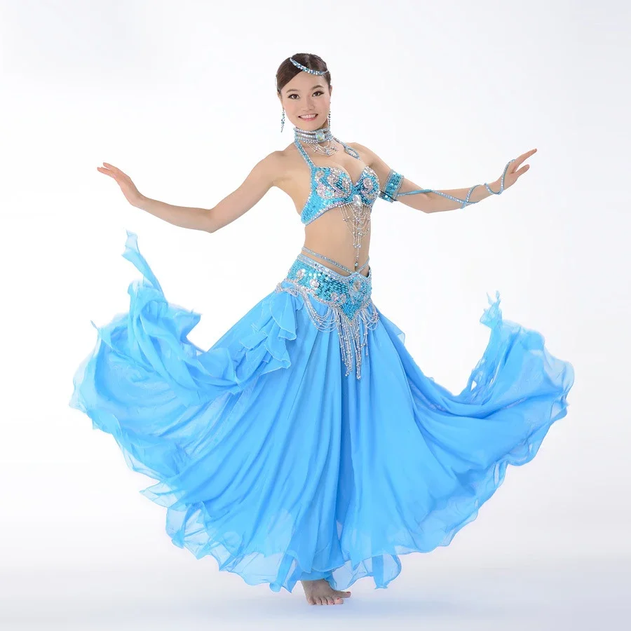 Traje oriental de dança do ventre feminino, trajes orientais, desgaste da dança do ventre, sutiã e cinto