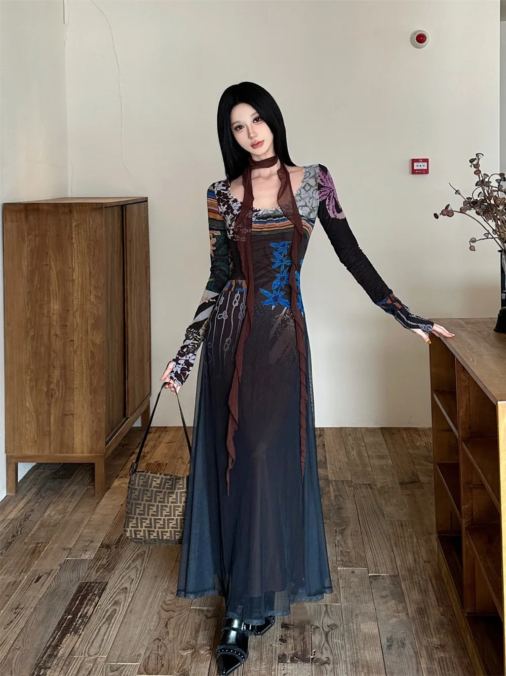 

Faionable Retro Print Long Sve Maxi Dr Double Layer Design Autumn Winter Ele A-Line Skirt for Par Wedding Date