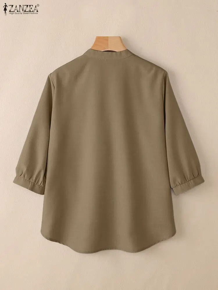 ZANZEA خمر Pintuck قمصان النساء الخريف 3/4 نفخة الأكمام اليوسفي طوق زر حتى عالية منخفضة قميص ملابس امرأة غير رسمية S-3XL #3