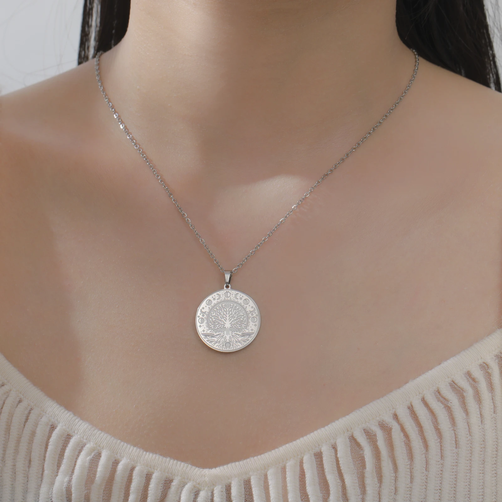LIKGREAT Tree of Life Necklace Triquetra Moon Phase Neckchain Stainless Steel Jewelry Wiccan Goddess Amulet Gift for Women