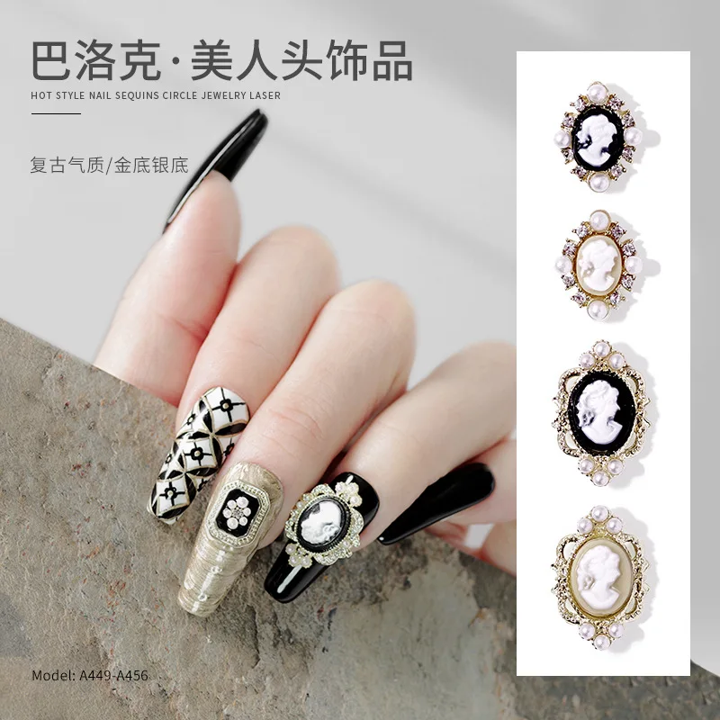 10Pcs Retro Baroque Gril Nail Art Charm 3D Emboss Black White Girl Head Nail Decoration Gold/Silver Metal Edging Nail Jewelry &*