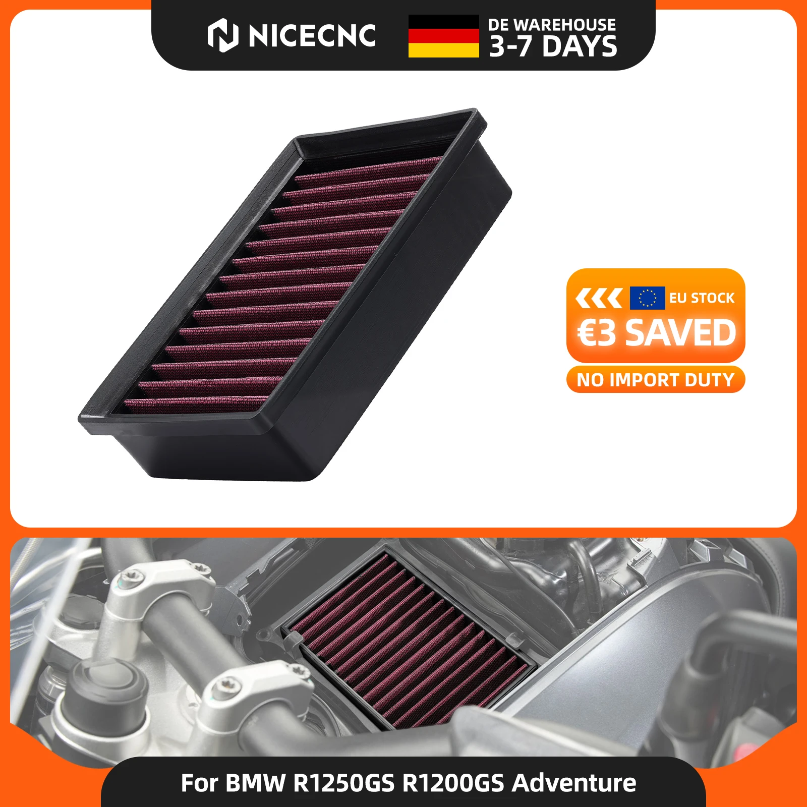 Per BMW R1250GS R1200GS Adventure Filtro Aria ad Alto Flusso R1200GS 2013-2018 R1200GS Adventure 2013-2018 R1200R R1200RS 2014-2018 R1200RT 2013-2018 R1250R R1250RS R1250RT 2018-2024