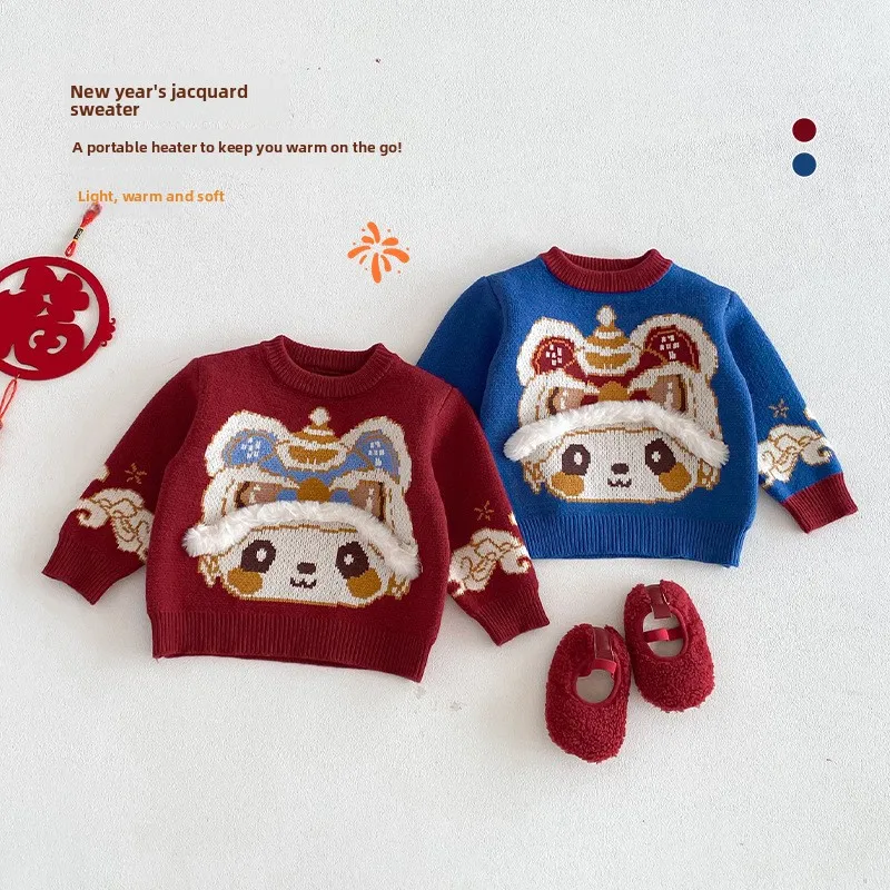 سترة رأس النمر للأطفال 2025 شتاء جديد لطيف الجاكار ملابس السنة الجديدة للفتيات ، سترة محبوكة سميكة للأولاد #1