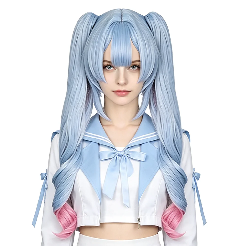 Miku Rabbit Hole Cosplay Wig Blue Pink Ombre Detachable Double Ponytails Long Curly Synthetic Hair For Women Anime Costume Party