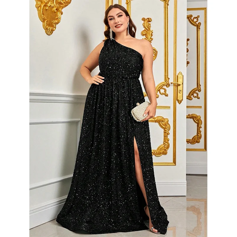 Plus Size Women\'s One Shoulder Sequined Evening Gown, Sleeveless, Floor-length, Big, Plus Size, Banquet, Prom, 5XL, 6XL