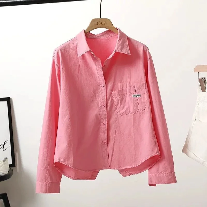 Katoenen Shirt Dames 2025, Lente Zomer Nieuwe Jas Gevouwen Zak Terug Split Korte Jas Koreaanse Vrije tijd Buiten Vrouwelijke Blouse Tij