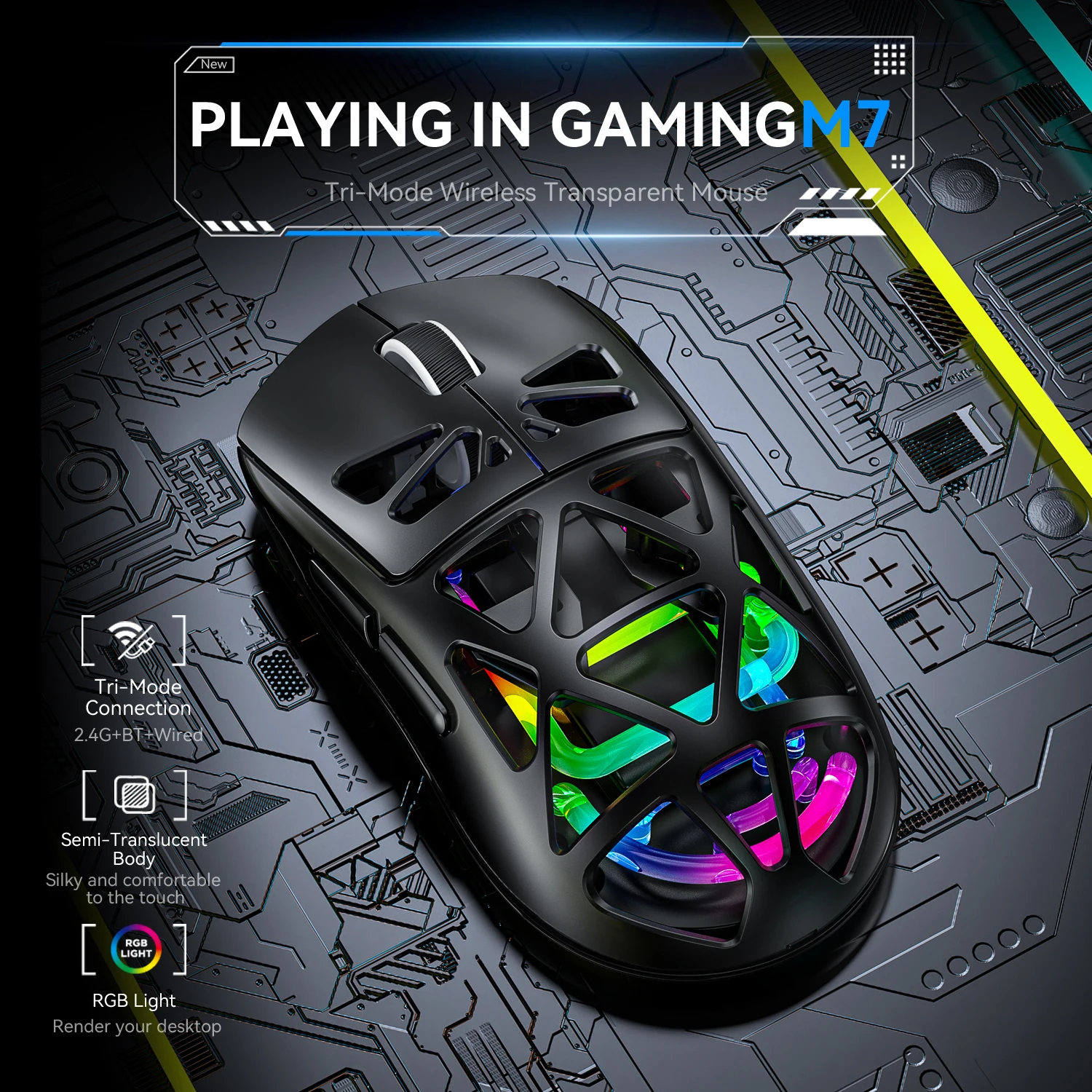 JITE M7 Triple Mode Wireless Gaming Mouse, Bluetooth/2.4G/Wired with RGB Cooling Light, Lightweight Ergonomic Design for PC Lap