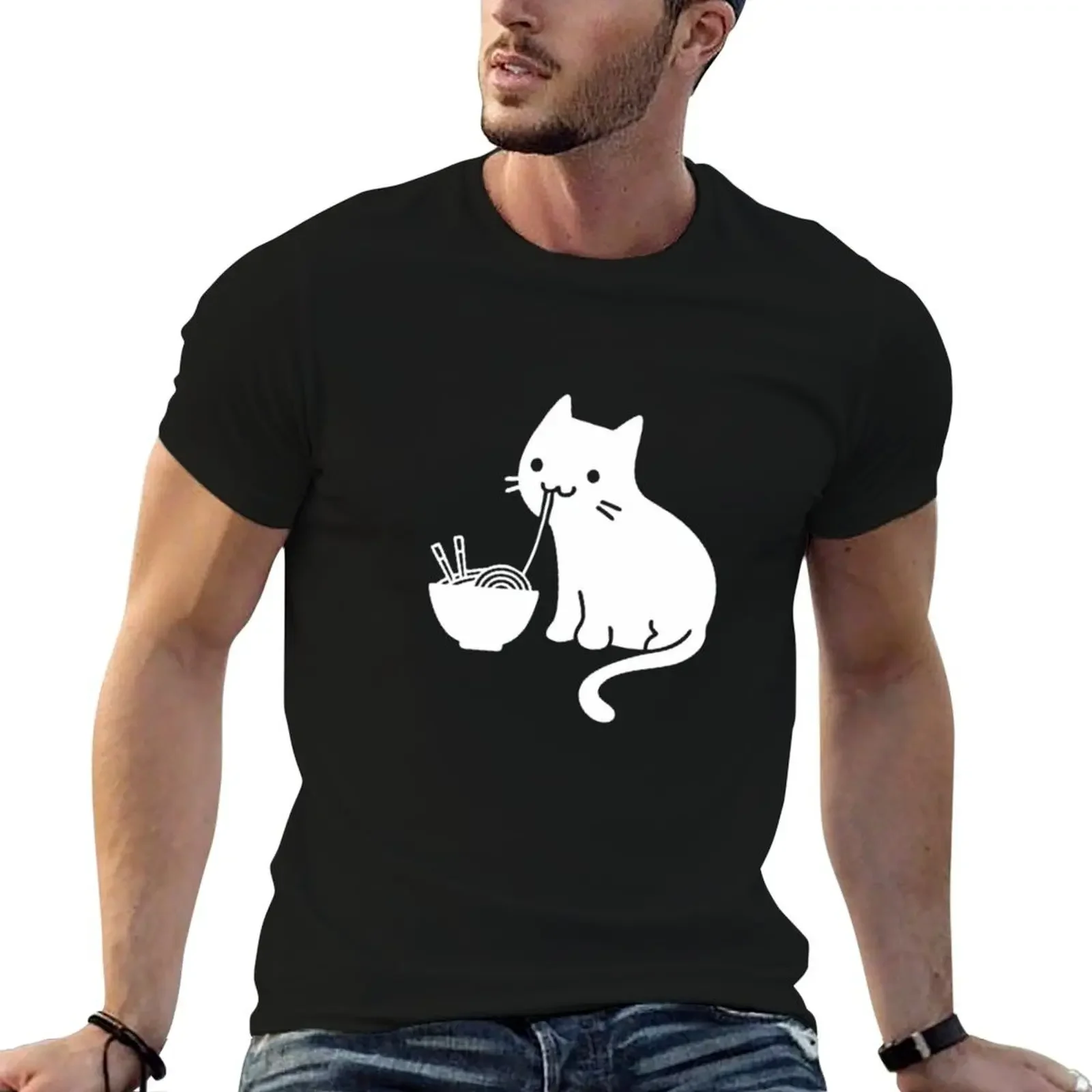 

Best Selling - Cute Cat Eating Ramen T-Shirt T-shirts man custom t shirt summer tops oversized mens clothing