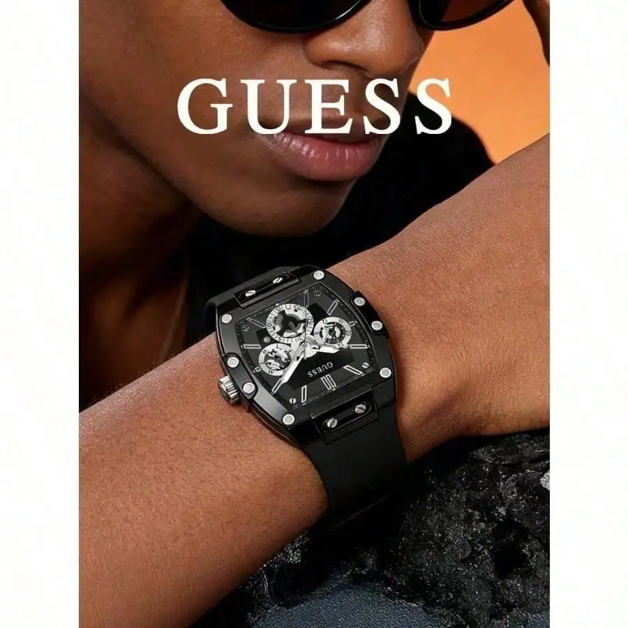 GUESS Men Chronograph Watch Black Tonneau Case Silicone Strap Multi-function Skeleton Dial Sport Waterproof Wristwatch Gift