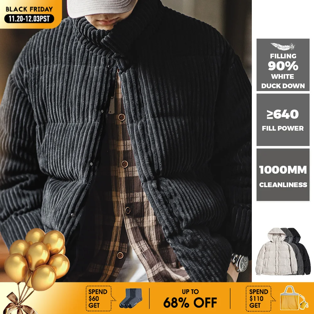 

Maden Men's Corduroy Down Jacket Winter Thickened Warm Striped Hooded Coat Vintage Padded Jackets Removable Hood Black Clothing