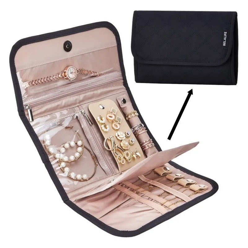 Estuche plegable para joyas, organizador portátil de viaje para pendientes, anillos, collares, broches, bolsa de almacenamiento