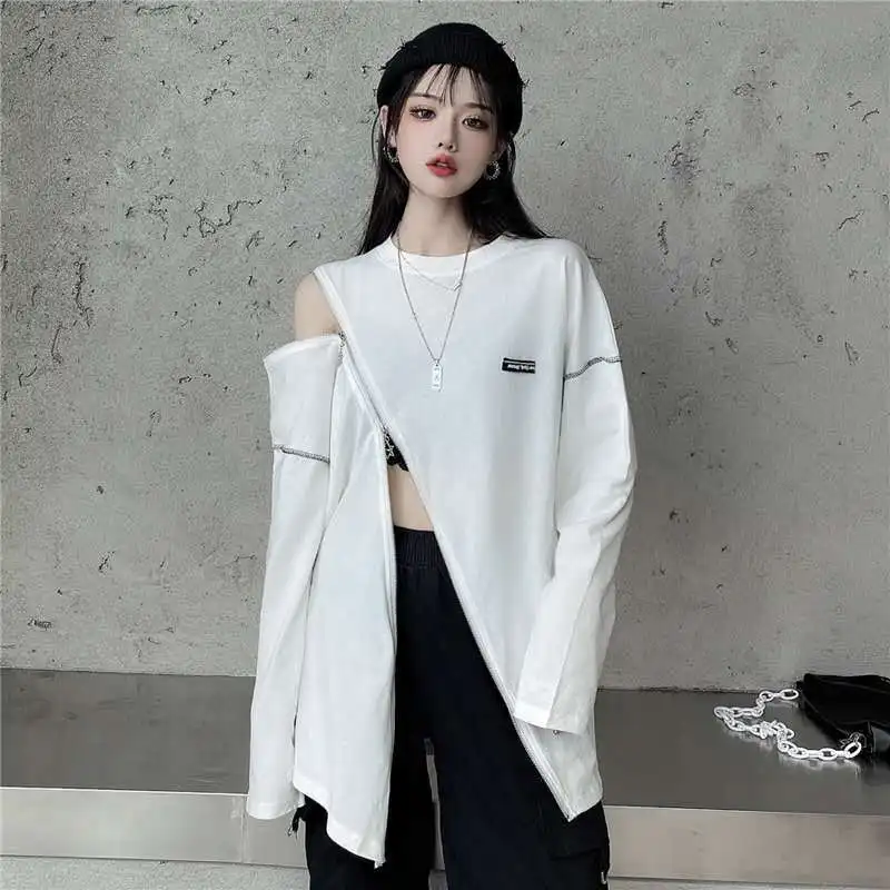 Trend Zipper Patchwork Tops Tees Spring New Long Sleeve Solid Off Shoulder Loose Casual T Shirts Fashion Sexy Women Clothing