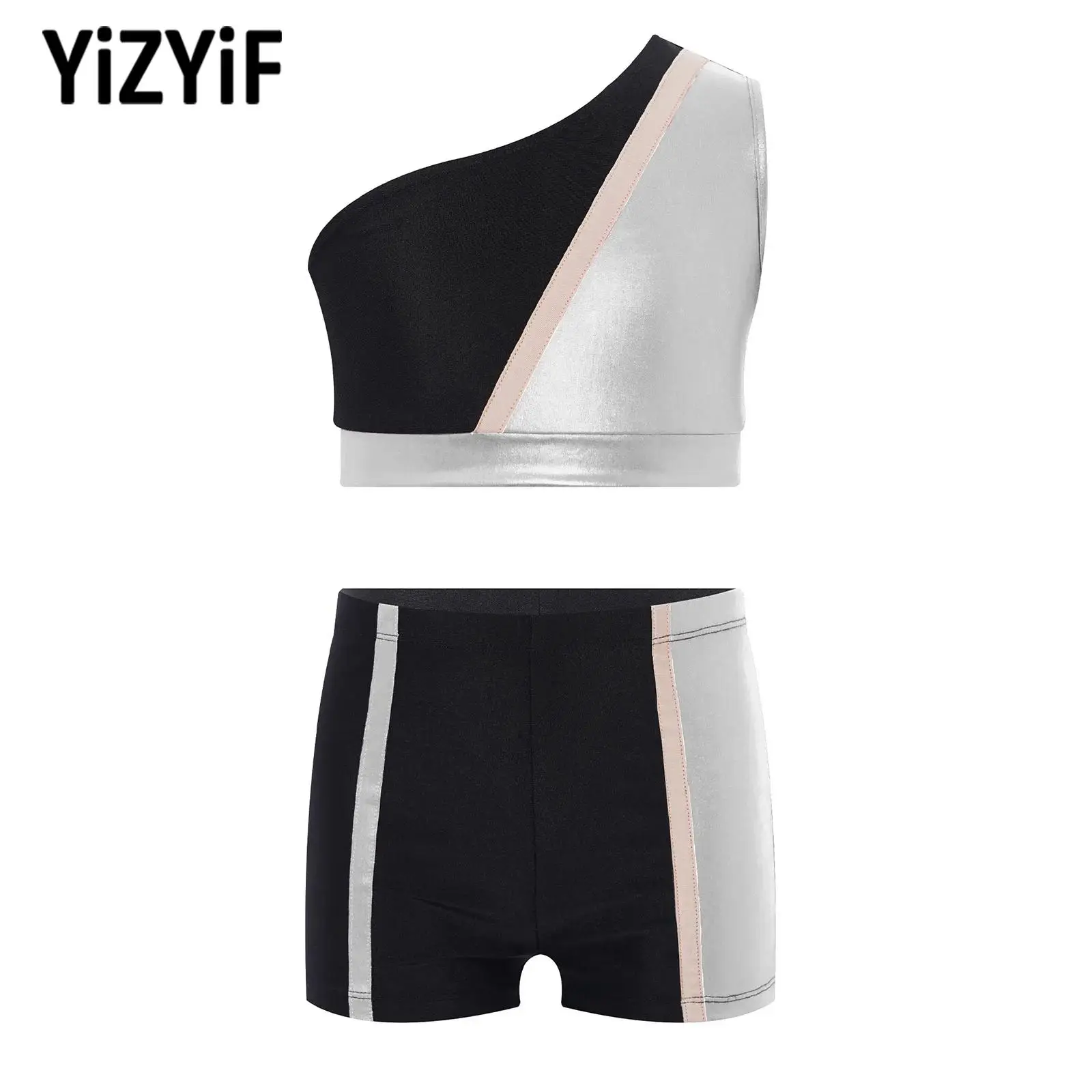 

Girls Ballet Figure Skating Dance Gymnastics Costume One Shoulder Sleeveless Metallic Color Block Crop Top+Shorts Sports Sets