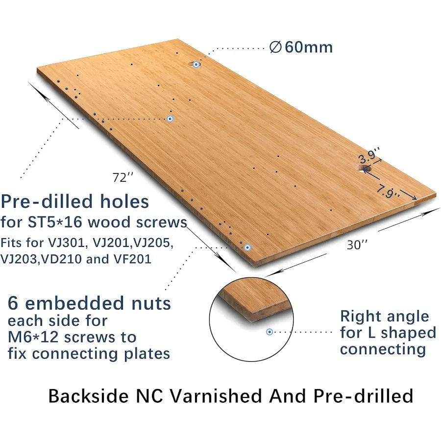 72x30x1 بوصة 100 الصلبة الخيزران مكتب سطح الطاولة Onlr الدائمة مكتب مكتب منزلي مع 60 مللي متر الحلقات الزاوية اليمنى #4
