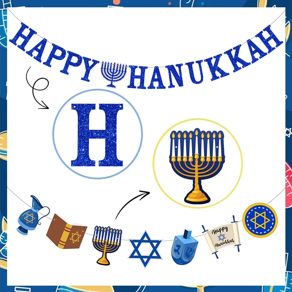 Glitter Happy Hanukkah Banner with Menorah Sign Hanukkah Decorations Chanukkah Garland for Mantel Fireplace Home Decor