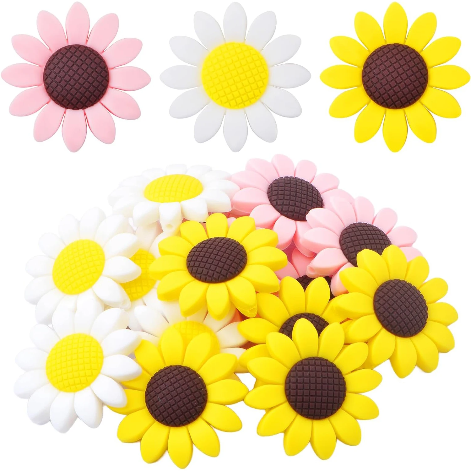 

15 шт. 40 мм плоских круглых силиконовых бусин в форме цветка ромашки оптом для изготовления брелоков, шнурков, гирлянд, браслетов, украшений своими руками