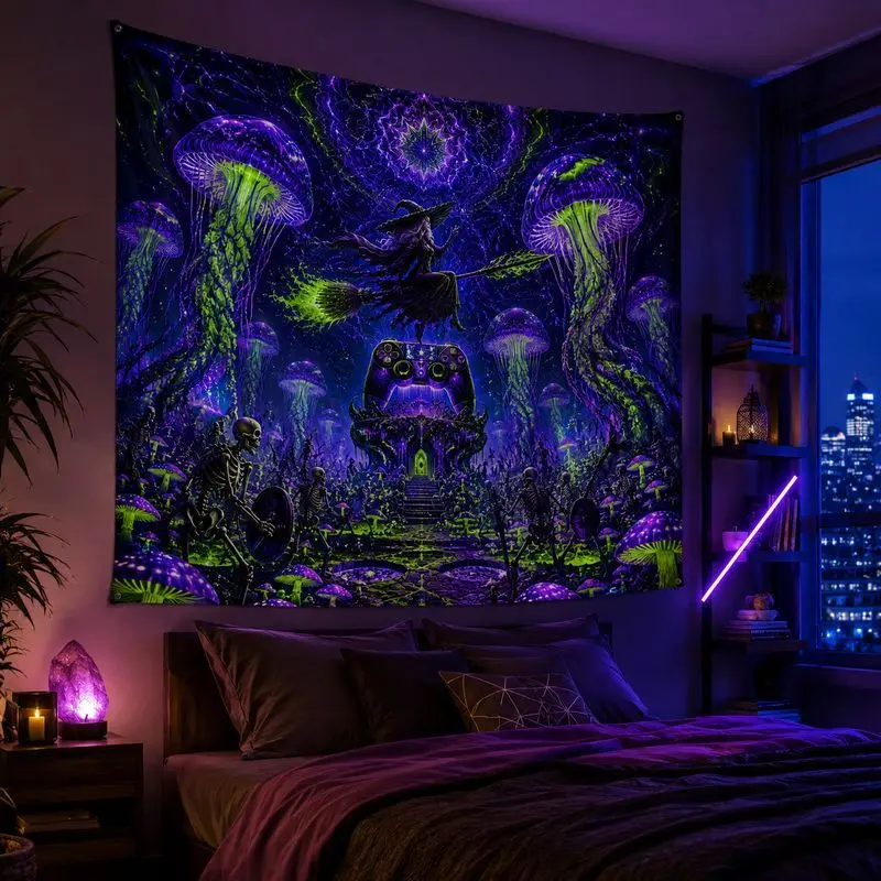 Planet Jellyfish Blacklight Tapestry Neon Space Wall Hanging Psychedelic Bedroom Dorm Decor