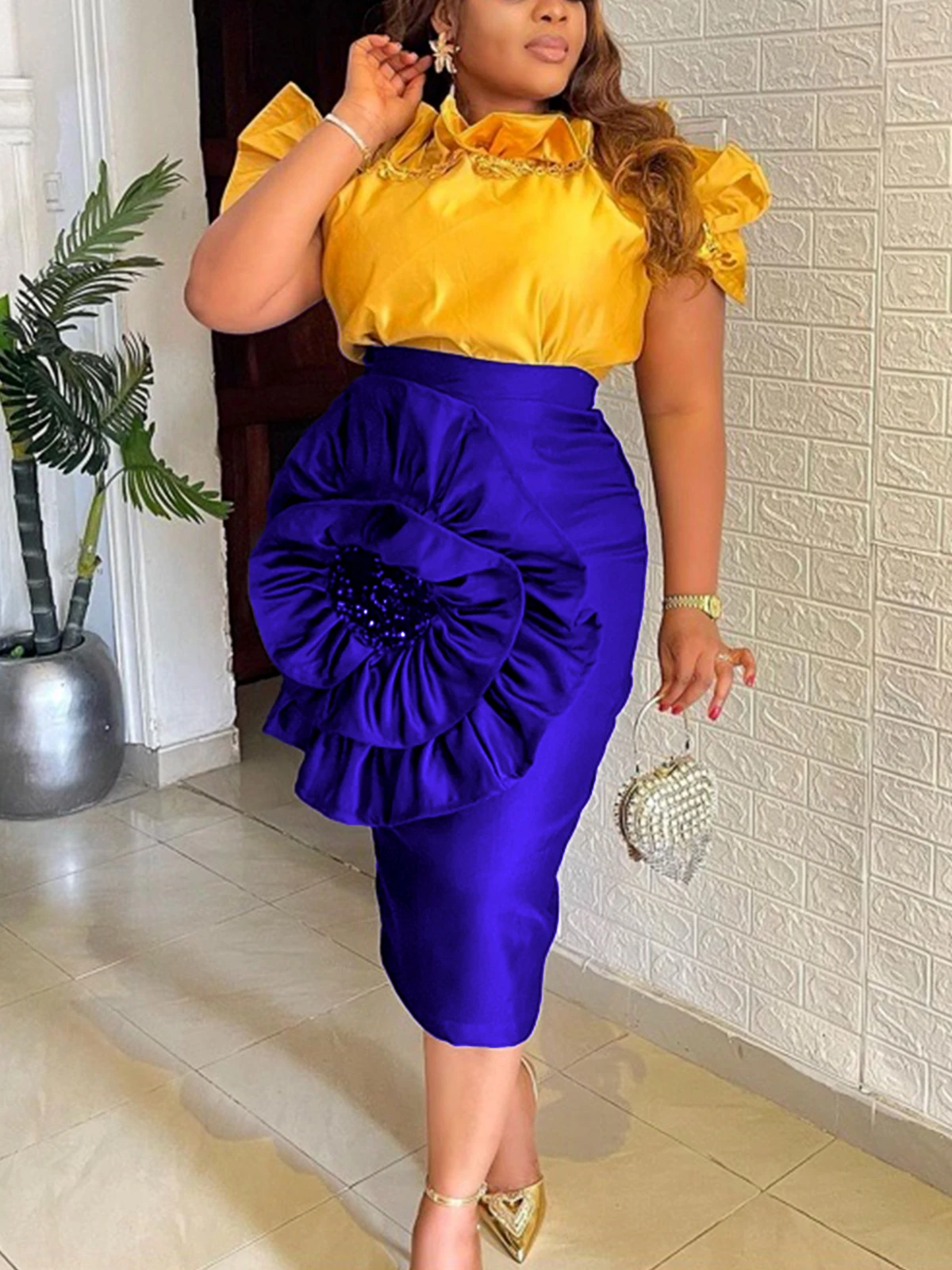 Women 2 Piece Outfits Luxury Embroidery Ruffle Tops and High Waist Midi Skirt Set Dressy Flower Sequin Shiny Fitted Party Wear