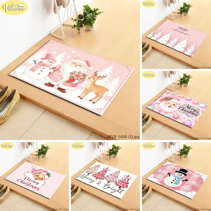 VIKAMA Pink Christmas Doormat Cute Santa Snowman Reindeer Pastel Winter Welcome Mat Entryway Rug Girls Room Xmas Decor
