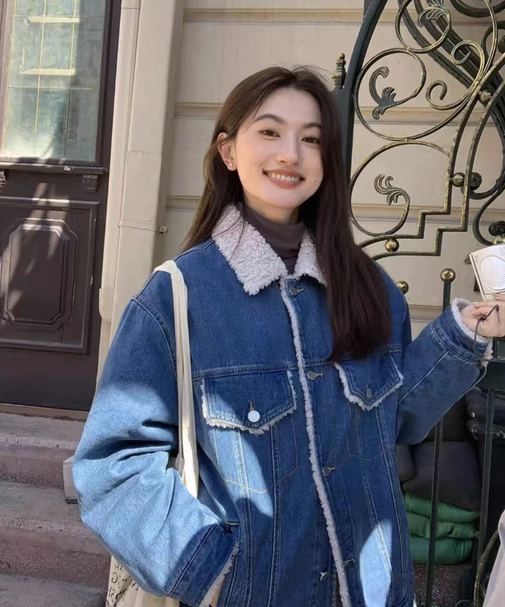 

Denim Coat Hip Hop Fur Plush Womens Autumn Slim Fit Gothic Punk Nightclub Gathering Plush-Lined Hooded Softshell Quilted Jackets