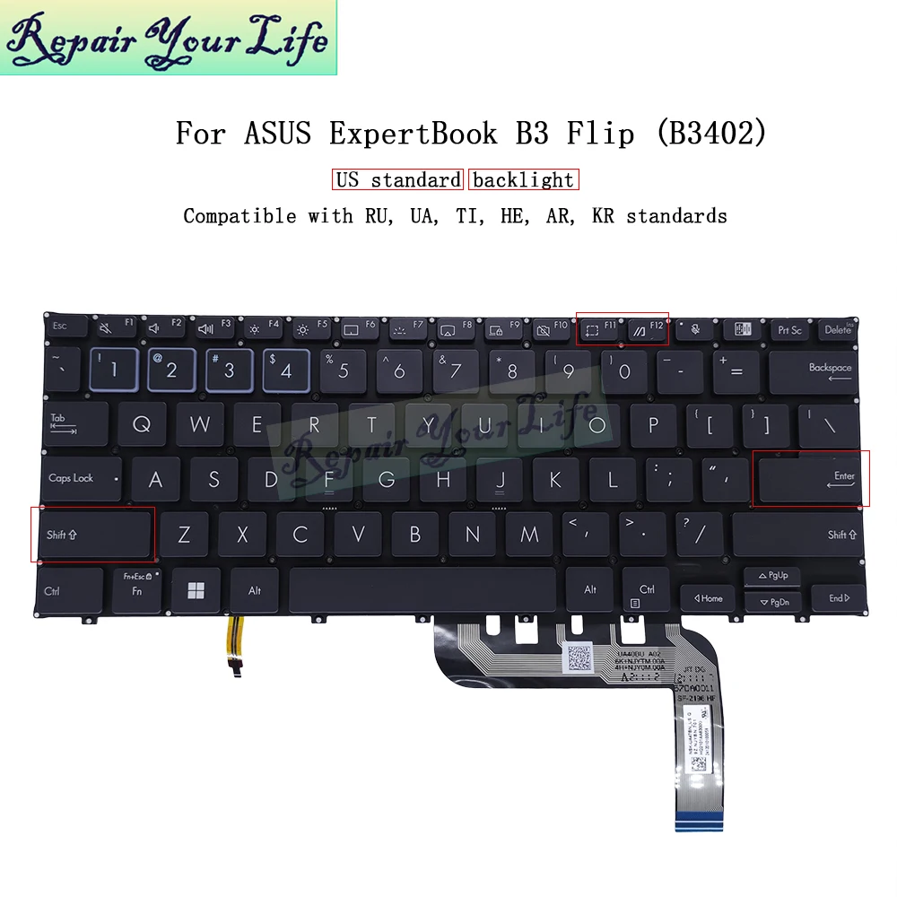 

B3402 Backlit Keyboard for Asus ExpertBook B3 Flip Laptop B3402FEA B3402FBA US HB Hebrew Keyboard Backlight NSK-UA47BN UA44BN