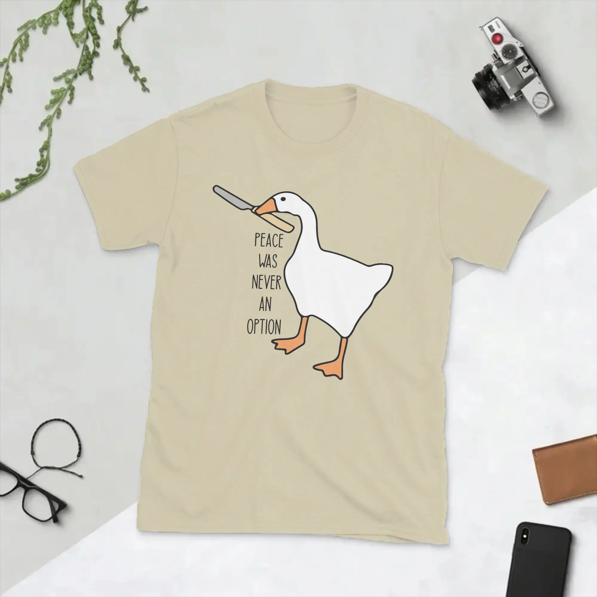 Vintage Peace was Never an Option Funny Untitled Goose Game T-Shirt Men Crewneck Pure Cotton T Shirts  Short Sleeve Tees Clothes