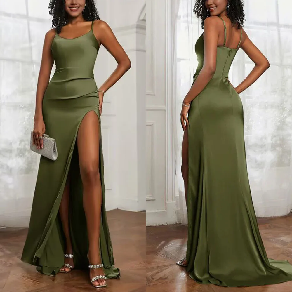 

High Quality Customized Floor Length Thin Suspenders High Fork Zipper Sleeveless Vestidos Elegantes Para Mujer Para Una Boda